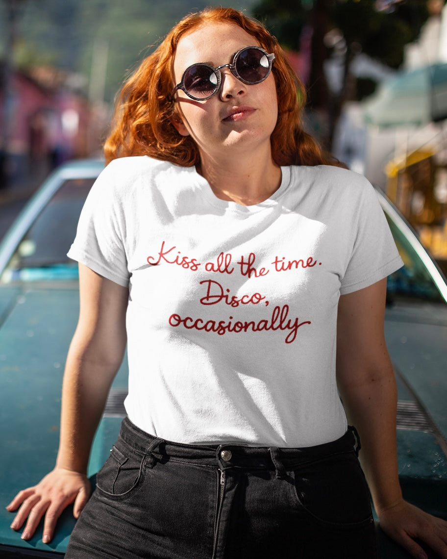 'KISS ALL THE TIME, DISCO OCCASIONALLY' embroidered premium organic unisex 'Creator' t-shirt