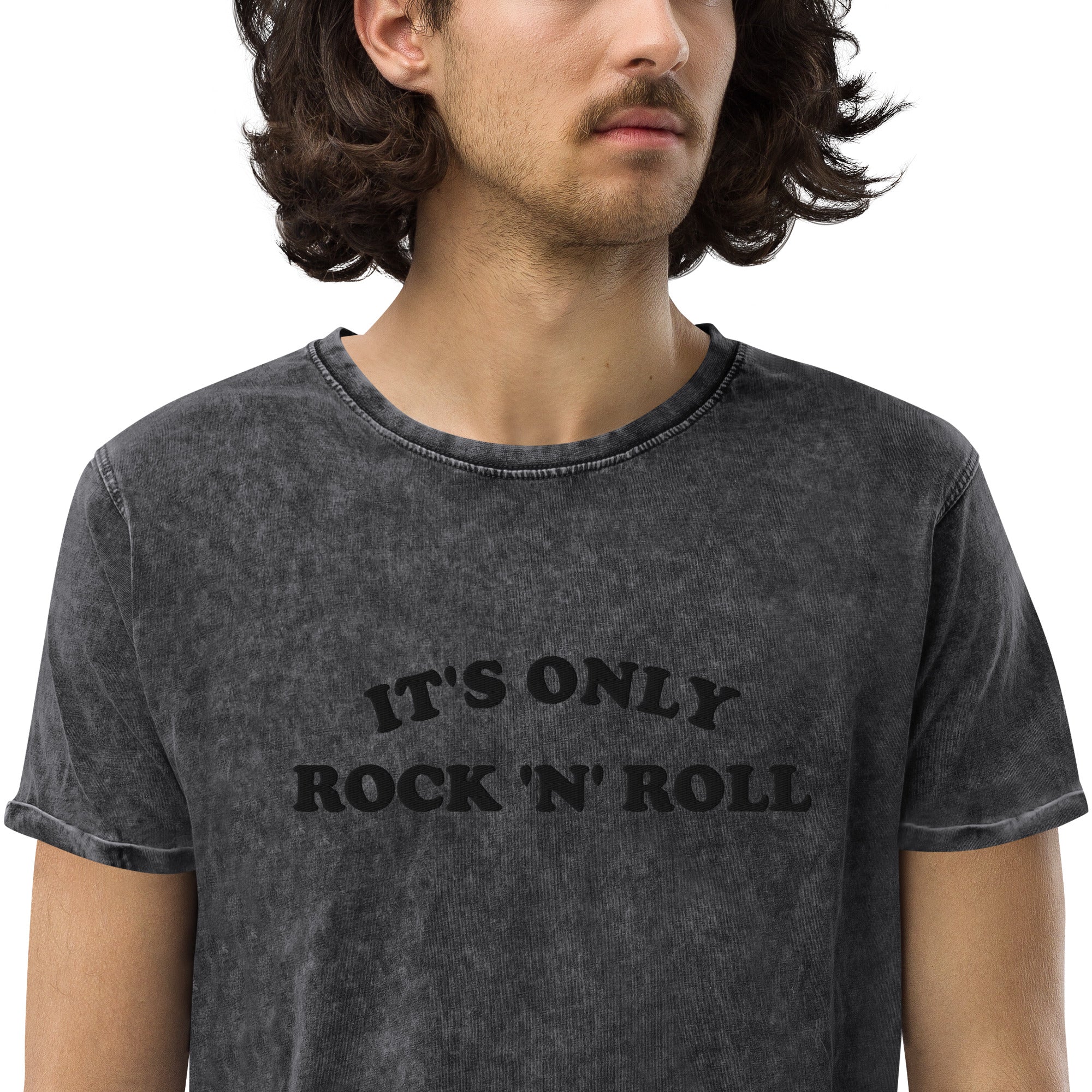 IT'S ONLY ROCK 'N' ROLL Embroidered Vintage Aged Denim Style Unisex T-Shirt