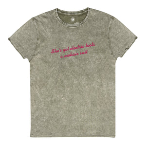 SHE'S GOT ELECTRIC BOOTS A MOHAIR SUIT Embroidered Vintage Aged Denim Style Unisex T-Shirt (pink text)
