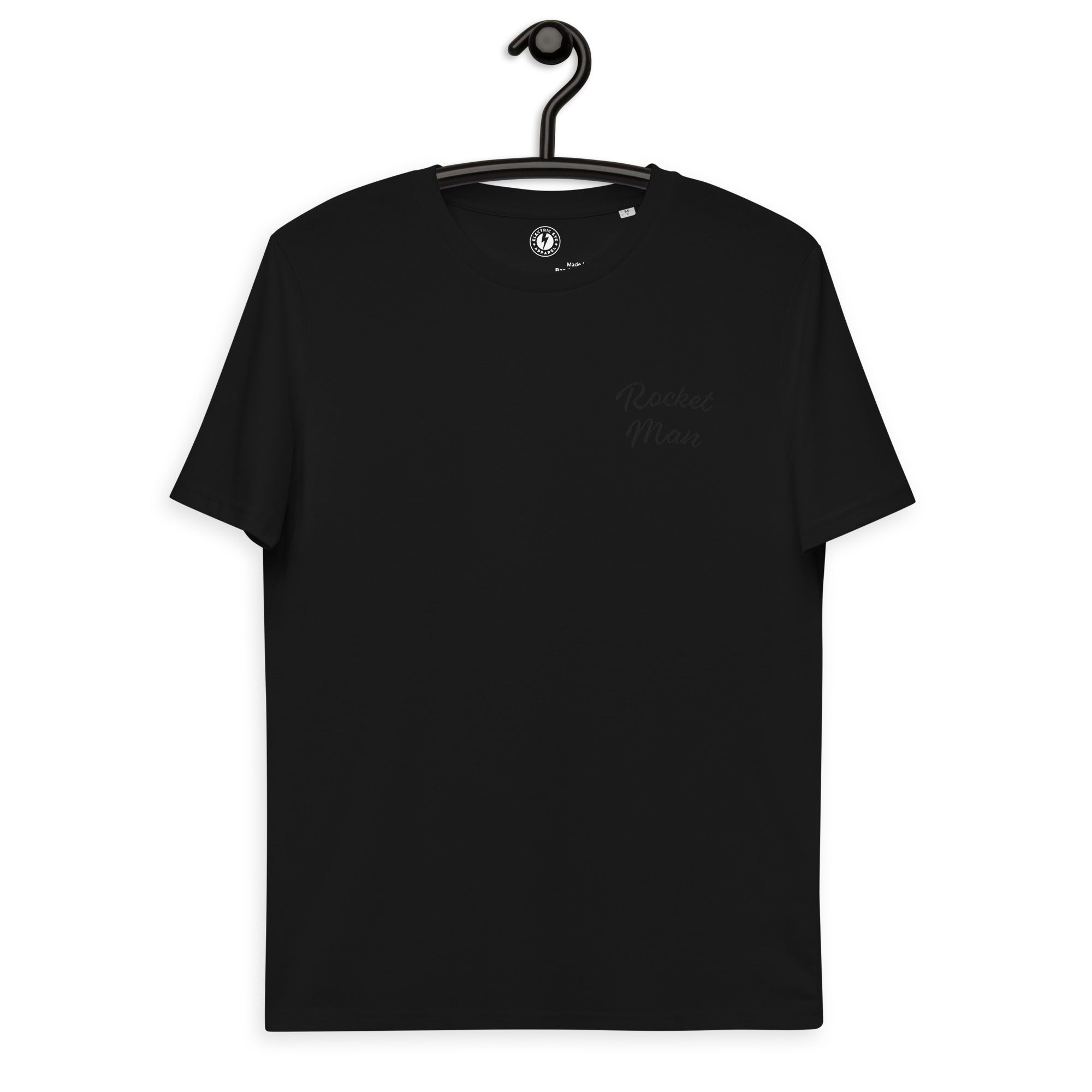 Rocket Man Left Chest  Embroidered Unisex organic cotton t-shirt - black thread