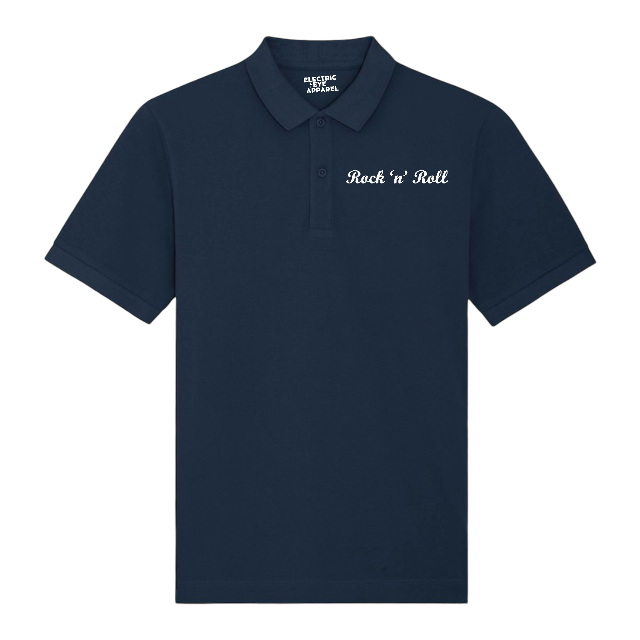 'ROCK 'N' ROLL' left chest embroidered premium organic men's 'Carnaby' polo