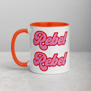 REBEL REBEL Retro 70s Printed Mug - Red / Pink Font - with optional inside colour