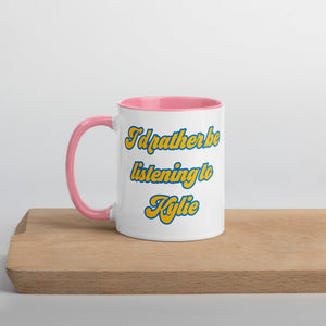 I'D RATHER BE LISTENING TO KYLIE Printed Retro Mug - Yellow / Blue font