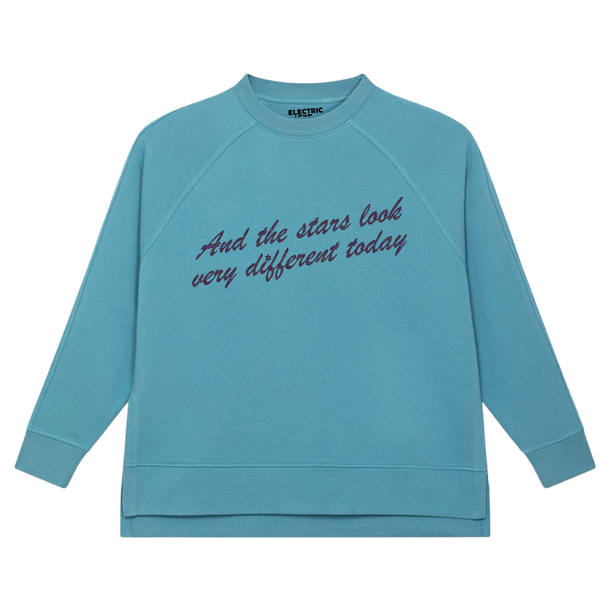 'AND THE STARS LOOK VERY DIFFERENT TODAY' glitter embroidered organic oversized side split women's wilder sweatshirt - inspired by David Bowie