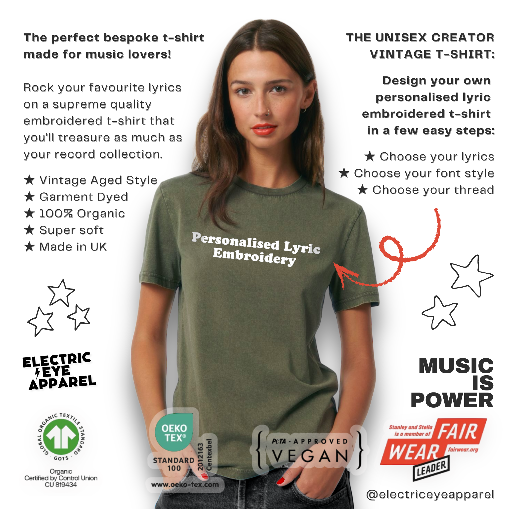 Personalised Lyric Centre Chest Embroidered premium organic unisex garment dyed 'Creator Vintage' t-shirt - choose your own lyrics, font and thread colour