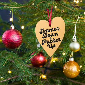 Simmer Down & Pucker Up 70's Typography Premium Printed Vintage Style Wooden Christmas Tree Holiday ornament - Vintage Gold / Black with Leopard back