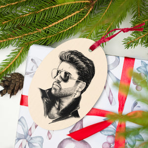 George Michael 90's Line Art Printed Wooden Christmas Tree Holiday Ornament - Star Print Back