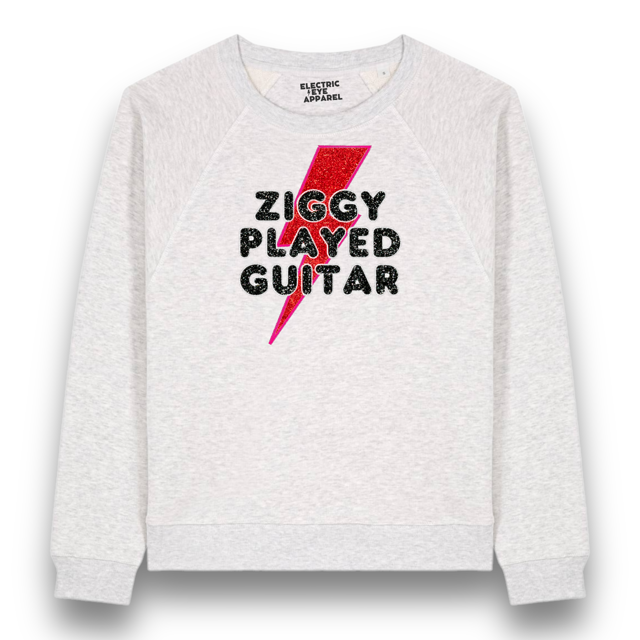 Limited Edition 'ZIGGY PLAYED GUITAR' 1970s glam glitter embroidered organic women's raglan sleeve 'Clara' sweatshirt - inspired by David Bowie & The Spiders From Mars