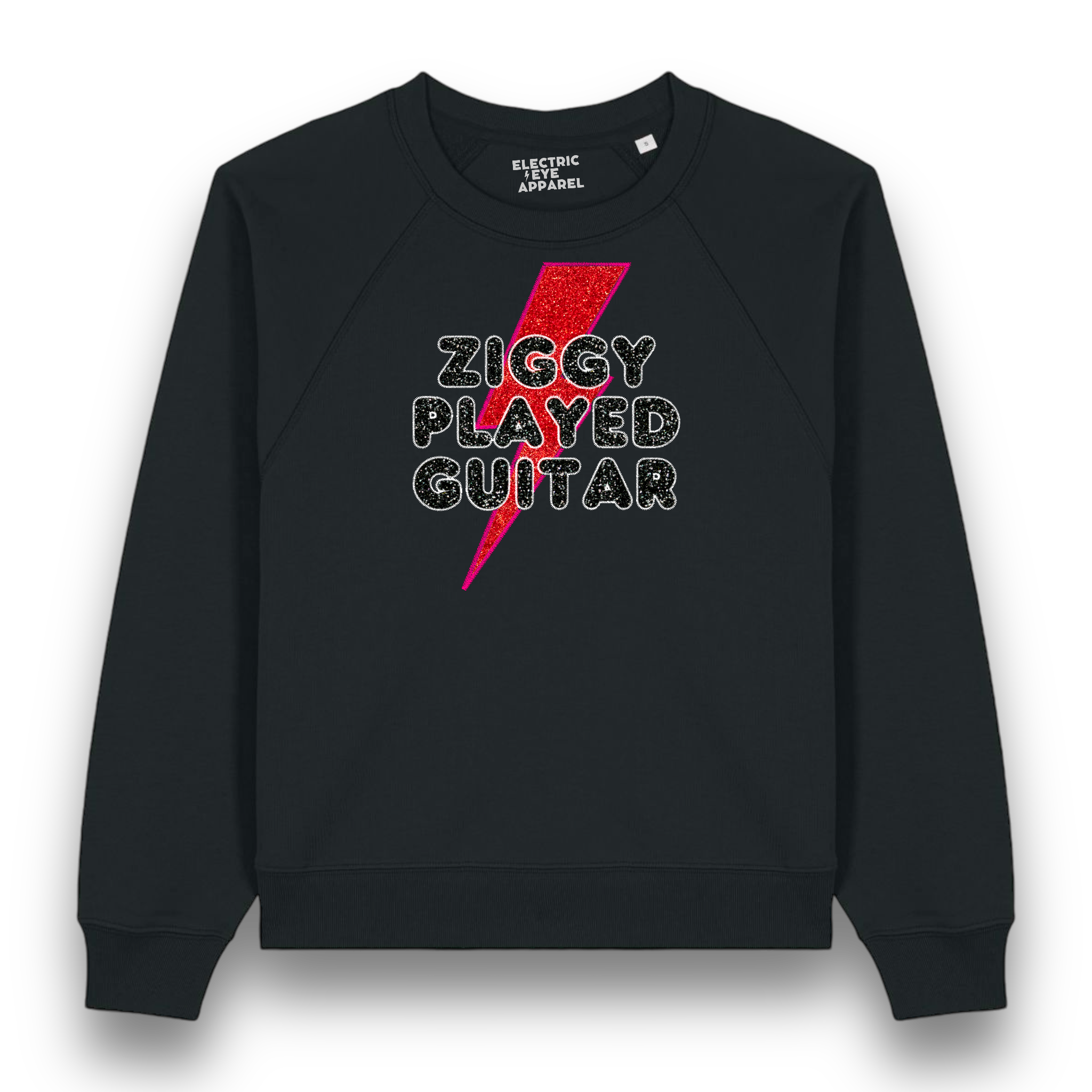 Limited Edition 'ZIGGY PLAYED GUITAR' 1970s glam glitter embroidered organic women's raglan sleeve 'Clara' sweatshirt - inspired by David Bowie & The Spiders From Mars