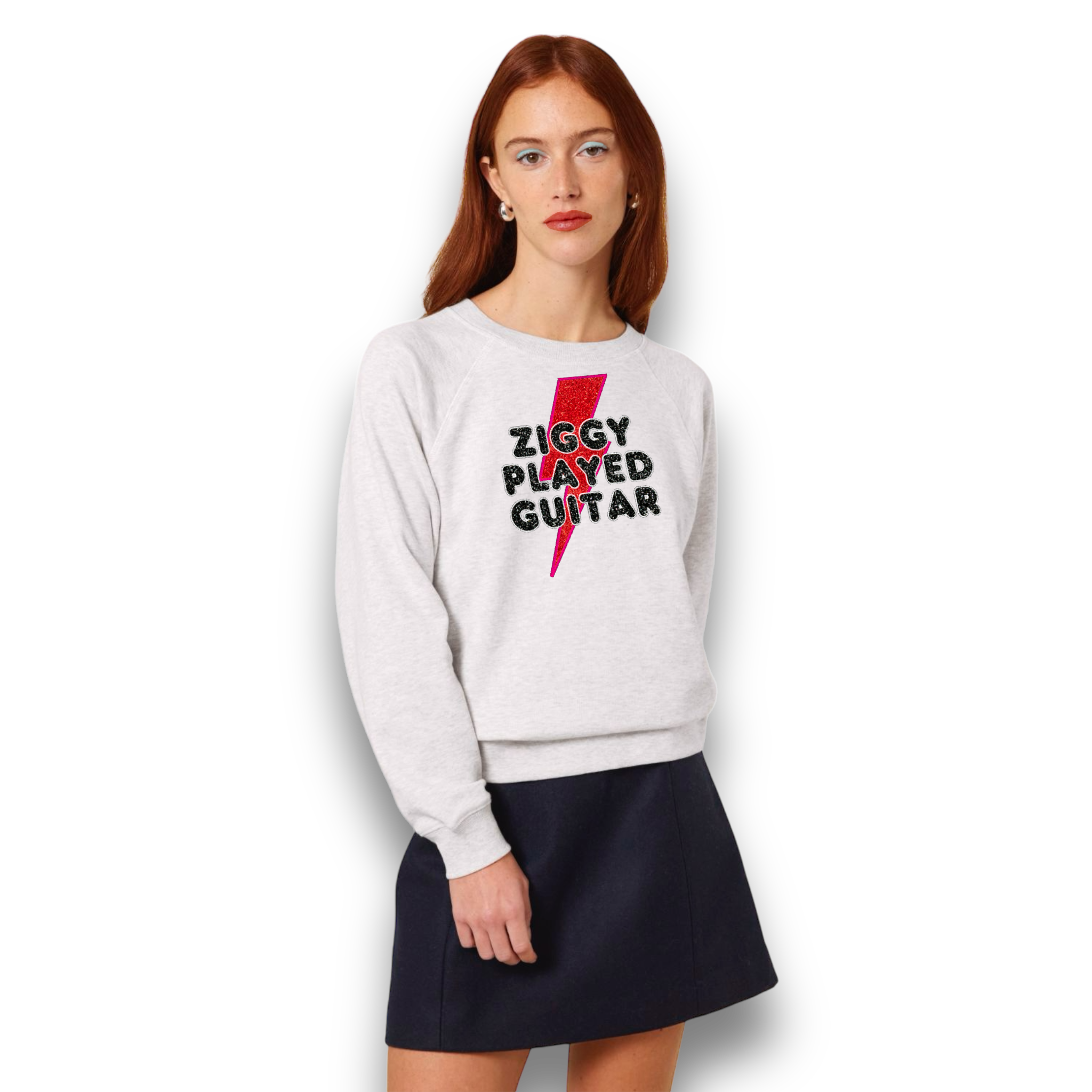 Limited Edition 'ZIGGY PLAYED GUITAR' 1970s glam glitter embroidered organic women's raglan sleeve 'Clara' sweatshirt - inspired by David Bowie & The Spiders From Mars