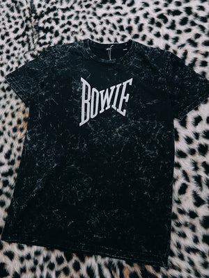 ‘BOWIE’ FAME FONT EMBROIDERED UNISEX ORGANIC COTTON ACID WASH T-SHIRT - optional embroidery colour