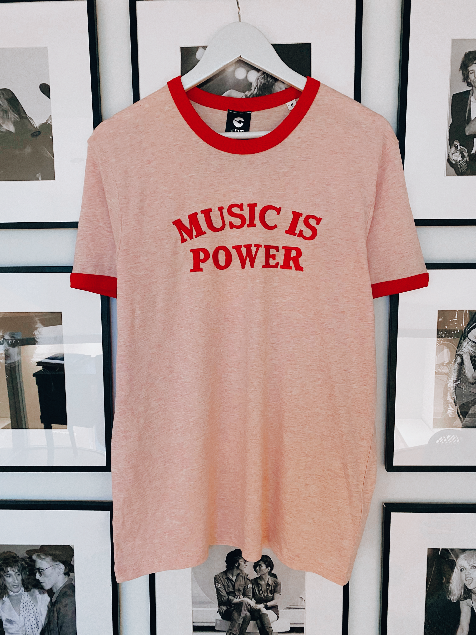 LIMITED AVAILABILITY ‘MUSIC IS POWER’ EMBROIDERED UNISEX 70'S STYLE ORGANIC COTTON RINGER T-SHIRT