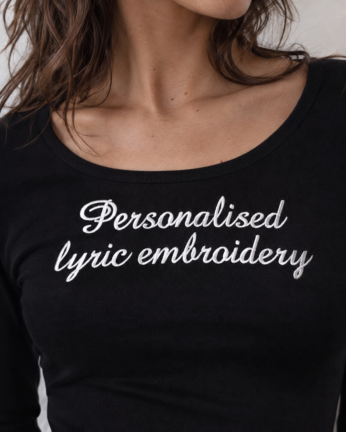 Personalised Lyric Centre Chest Embroidered premium organic iconic women's long sleeve 'Singer' t-shirt - choose your own lyrics, font and thread colour