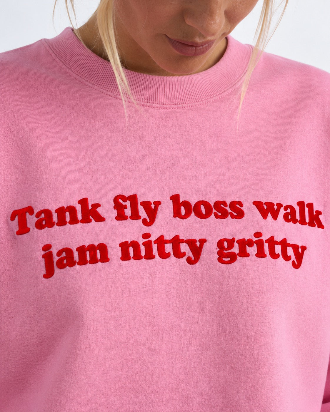 'TANK FLY BOSS WALK JAM NITTY GRITTY' 1990's style embroidered organic women's dropped shoulder 'Alma' sweatshirt