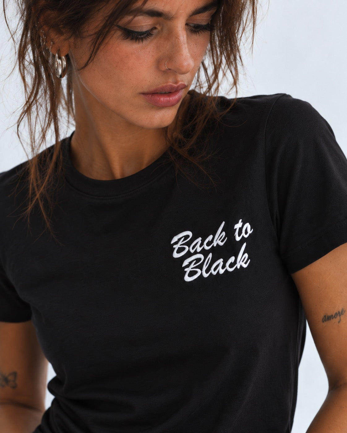 Women's 'BACK TO BLACK' left chest embroidered premium organic medium fit 'Muser' t-shirt