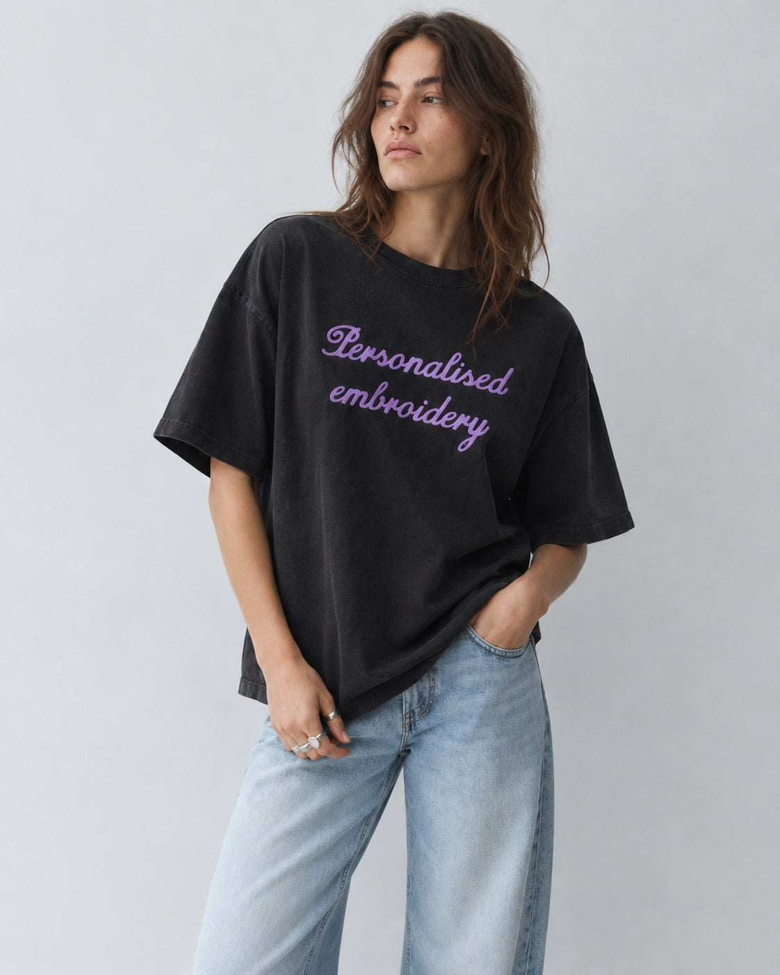 NEW Women's Personalised Lyric Centre Chest Embroidered premium organic women's boxy 'Nova Vintage' t-shirt - choose your own lyrics, font and thread colour