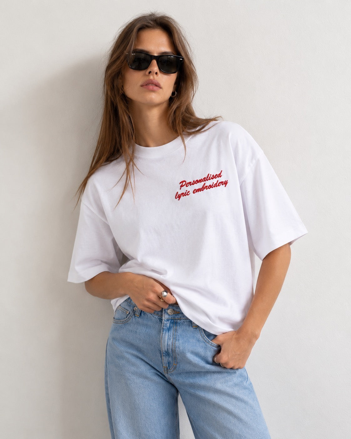 Personalised Lyric Left Chest Embroidered premium organic women's boxy 'Nova' t-shirt - choose your own lyrics, font and thread colour