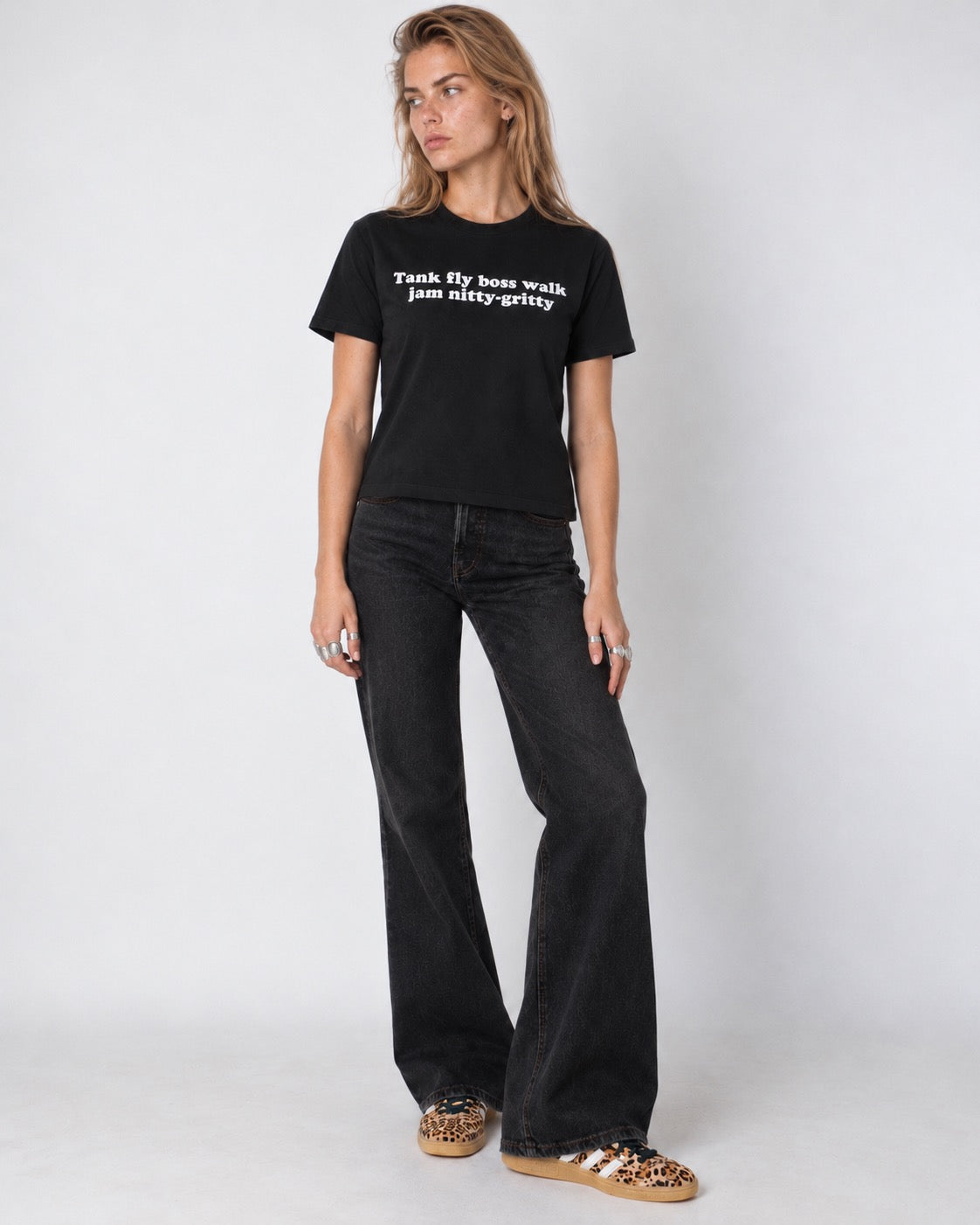 'TANK FLY BOSS WALK JAM NITTY-GRITTY' 1990's inspired embroidered organic women's 'muser' t-shirt.