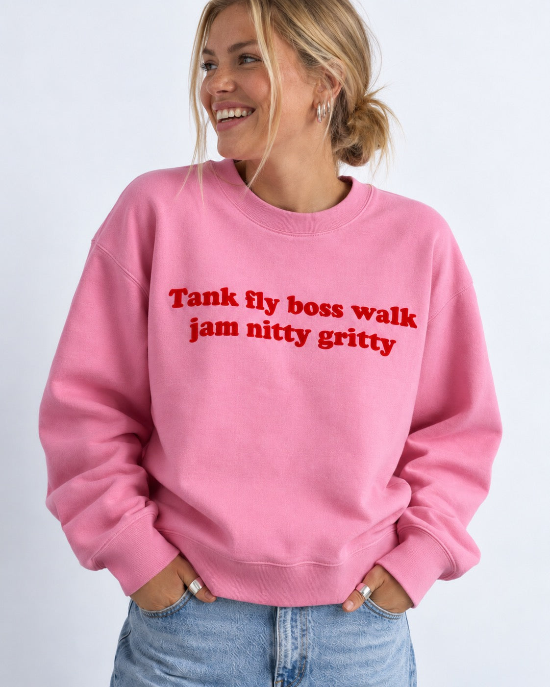 'TANK FLY BOSS WALK JAM NITTY GRITTY' 1990's style embroidered organic women's dropped shoulder 'Alma' sweatshirt