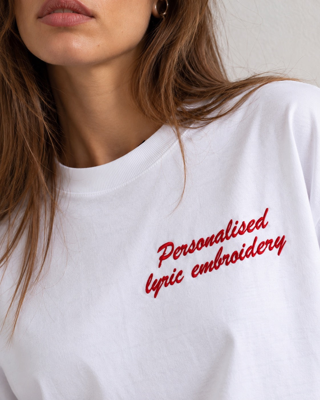 Personalised Lyric Left Chest Embroidered premium organic women's boxy 'Nova' t-shirt - choose your own lyrics, font and thread colour