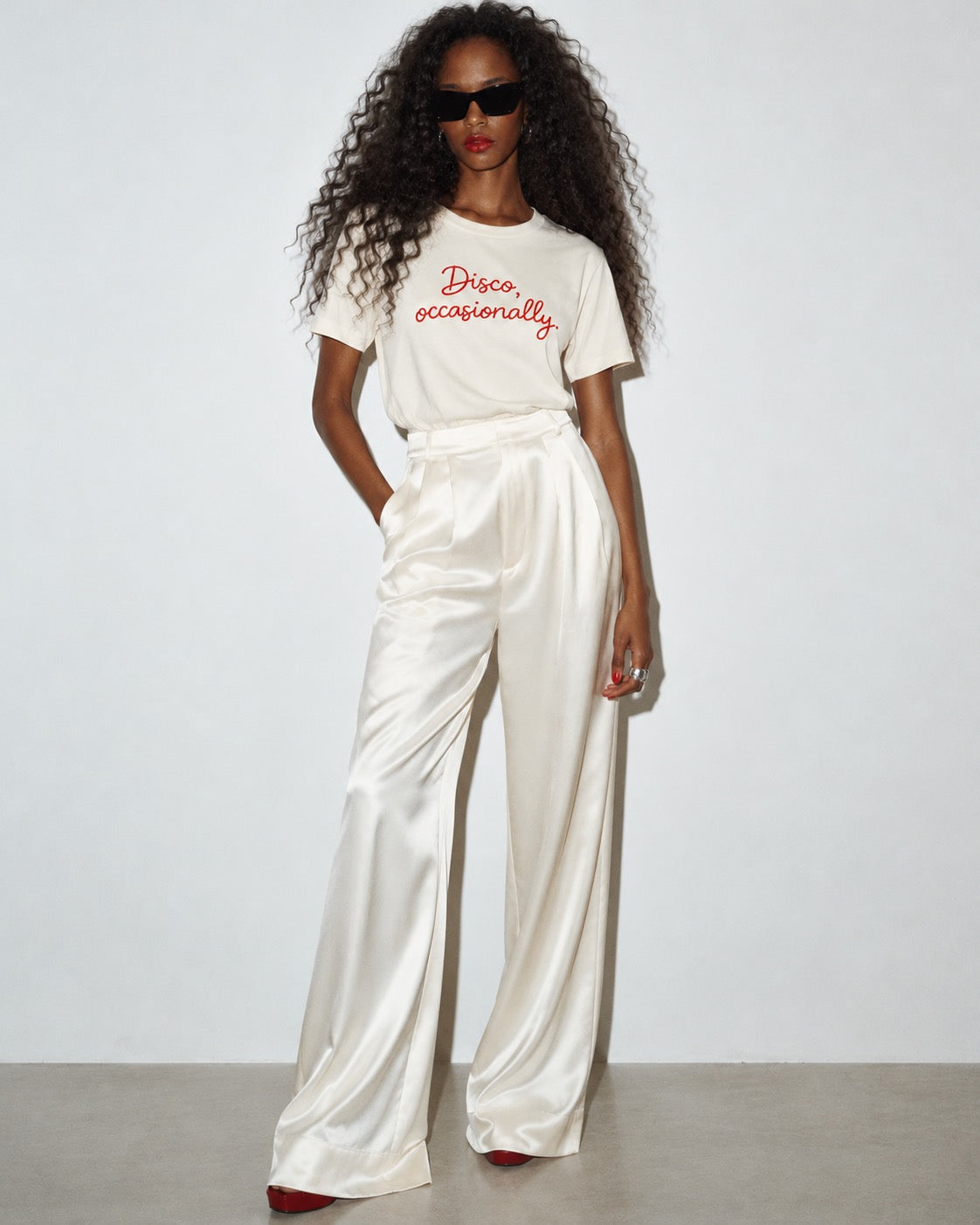 'DISCO, OCCASIONALLY' embroidered premium organic women's classic fit 'Muser' t-shirt