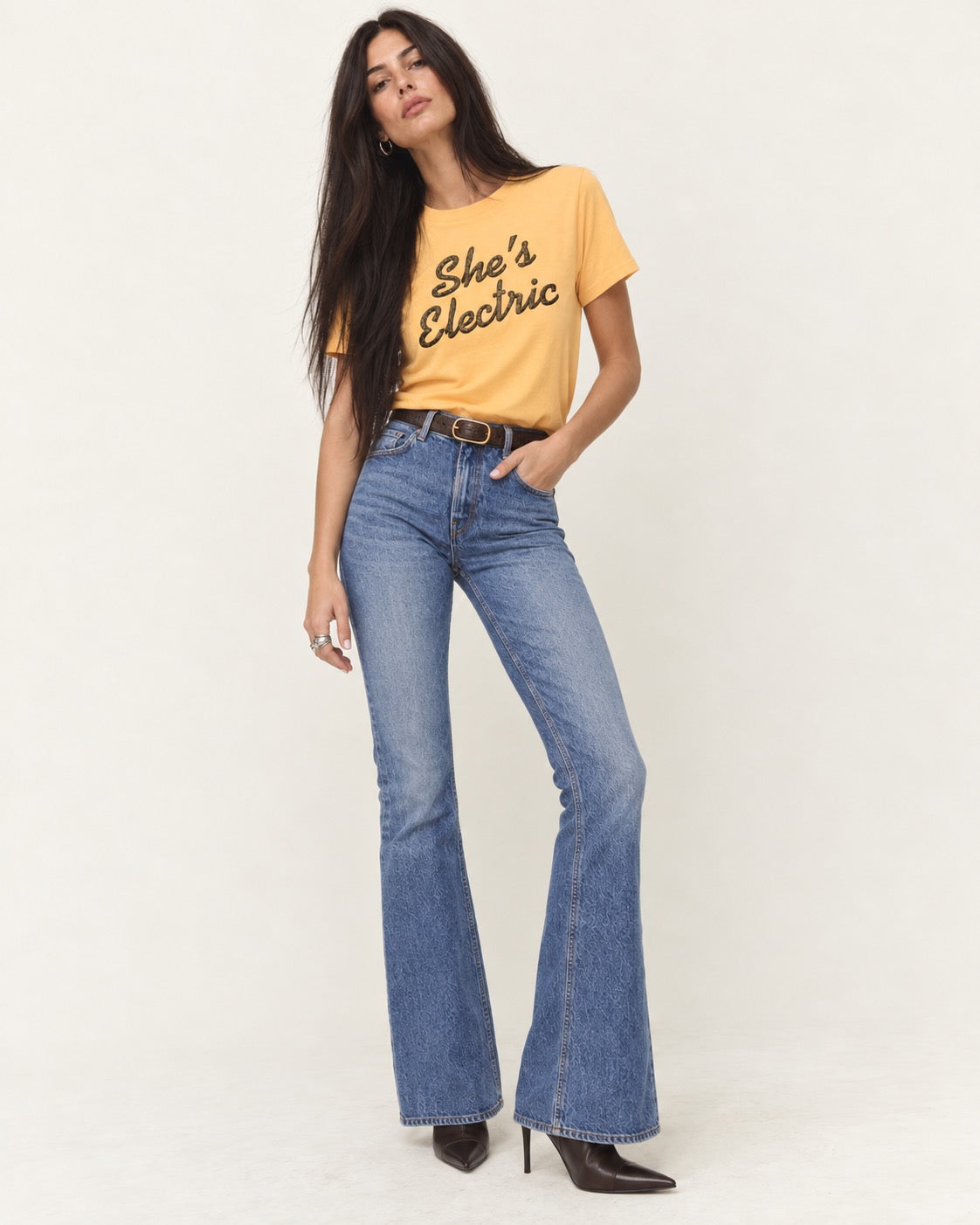 'SHE'S ELECTRIC' retro slogan embroidered premium organic women's classic fit 'Muser' t-shirt - sizes XS-5XL