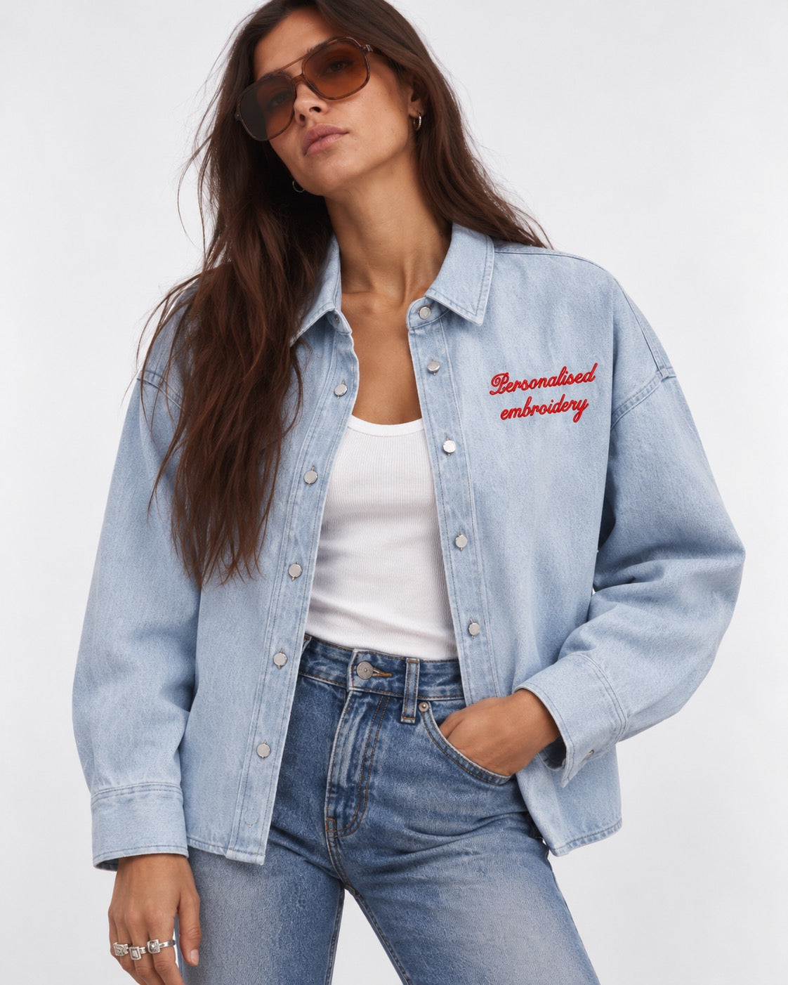 NEW Women's Personalised Left Chest Embroidered Oversized Women's Denim 'Ember' Overshirt  - choose your own words, font, thread colour