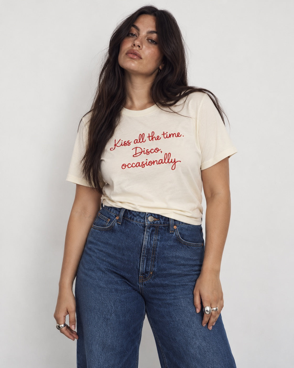 'KISS ALL THE TIME, DISCO OCCASIONALLY' embroidered premium organic women's classic fit 'Muser' t-shirt