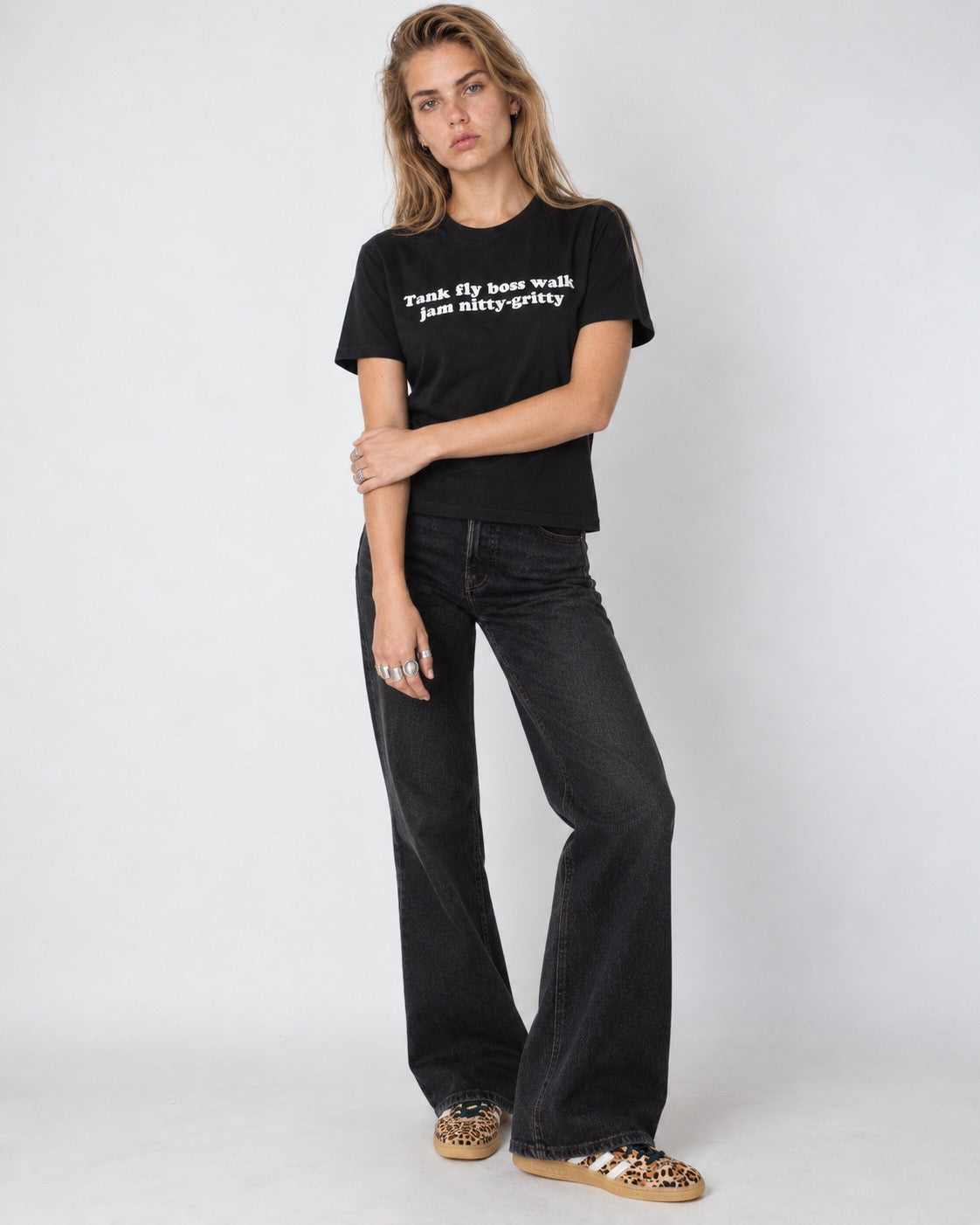 'TANK FLY BOSS WALK JAM NITTY-GRITTY' 1990's inspired embroidered organic women's 'muser' t-shirt.