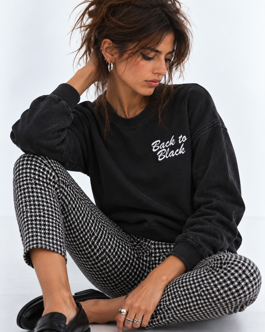 Women's 'BACK TO BLACK' left chest embroidered premium organic women's drop shoulder 'Alma' sweatshirt