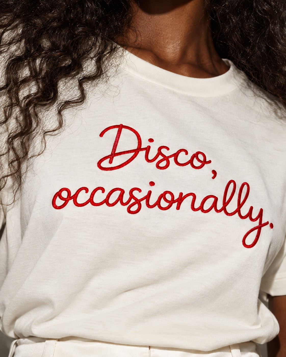 'DISCO, OCCASIONALLY' embroidered premium organic women's classic fit 'Muser' t-shirt