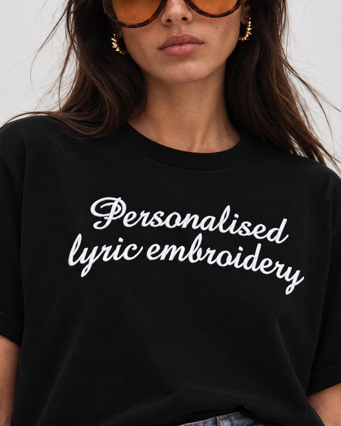 Personalised Lyric Centre Chest Embroidered premium organic iconic women's 90s style dolman sleeve 'Collider' t-shirt - choose your own lyrics, font and thread colour