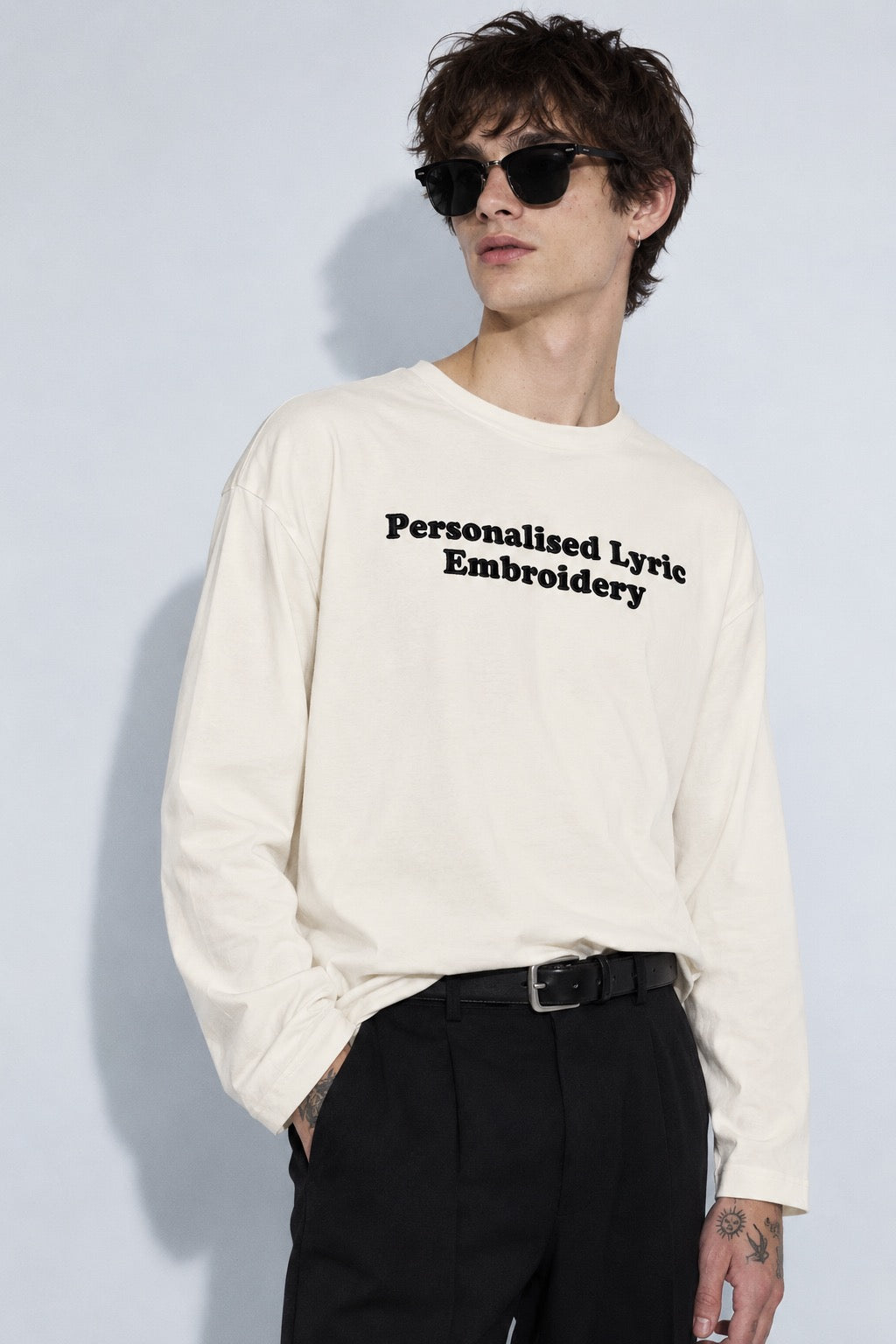 Men's Personalised Lyric Centre Chest Embroidered premium organic iconic Long Sleeve 'Creator 2.0' t-shirt - choose your own lyrics, font and thread colour