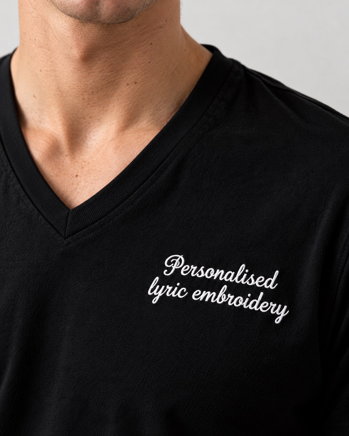 Men's Personalised Lyric Left Chest Embroidered premium organic iconic v-neck 90s 'Presenter' t-shirt
