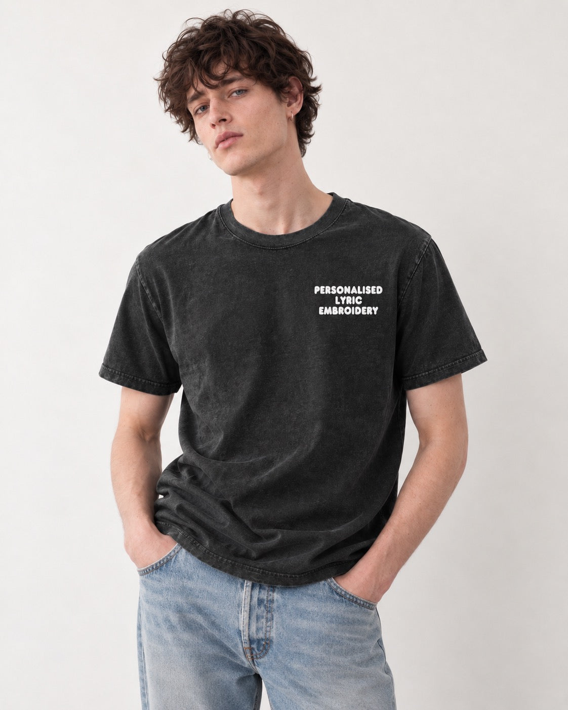 Men's Personalised Lyric Left Chest Embroidered premium organic garment dyed 'Creator Vintage' t-shirt