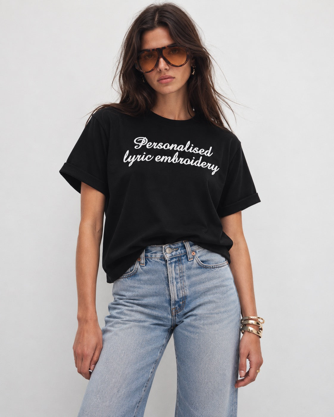 Personalised Lyric Centre Chest Embroidered premium organic iconic women's 90s style dolman sleeve 'Collider' t-shirt - choose your own lyrics, font and thread colour