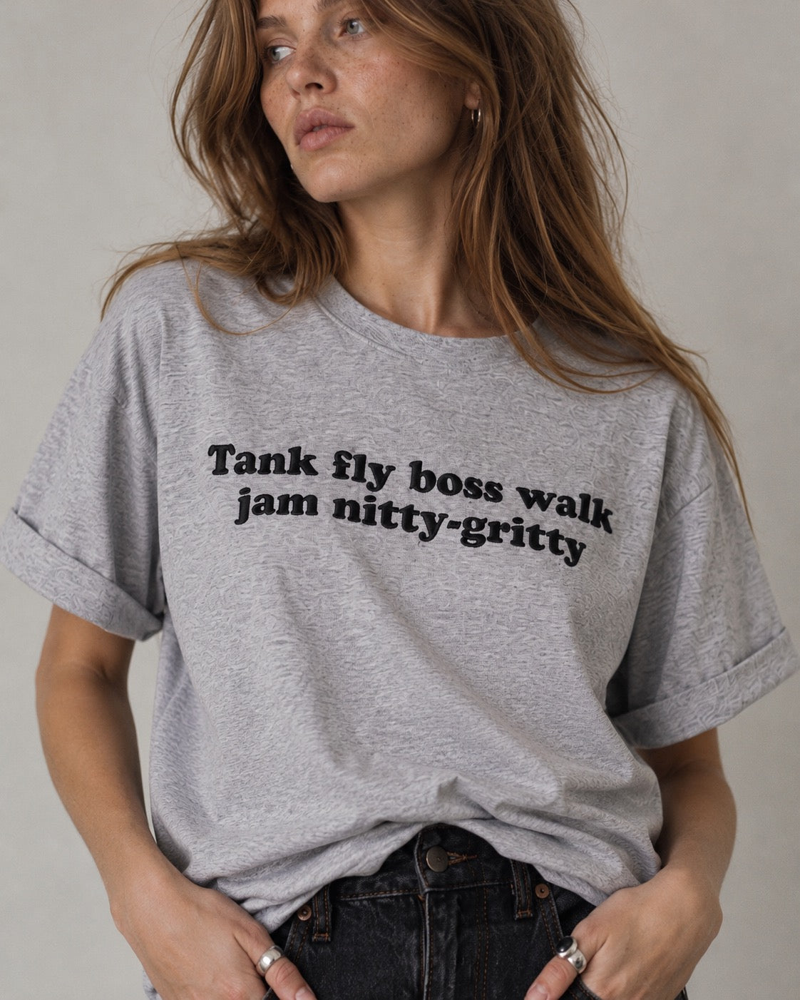 'TANK FLY BOSS WALK JAM NITTY-GRITTY' embroidered premium organic women's 1990;s oversized collider t-shirt.