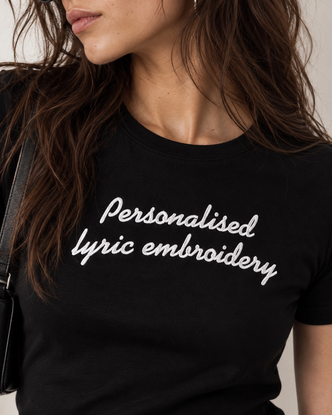 Personalised Lyric Centre Chest Embroidered premium organic iconic women's fitted 'Expresser' t-shirt - choose your own lyrics, font and thread colour