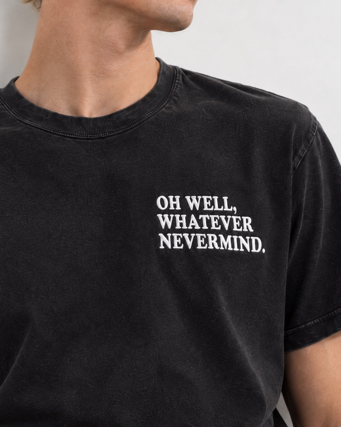 Men's 'OH WELL, WHATEVER, NEVERMIND.' embroidered premium organic vintage aged t-shirt - inspired by Nirvana