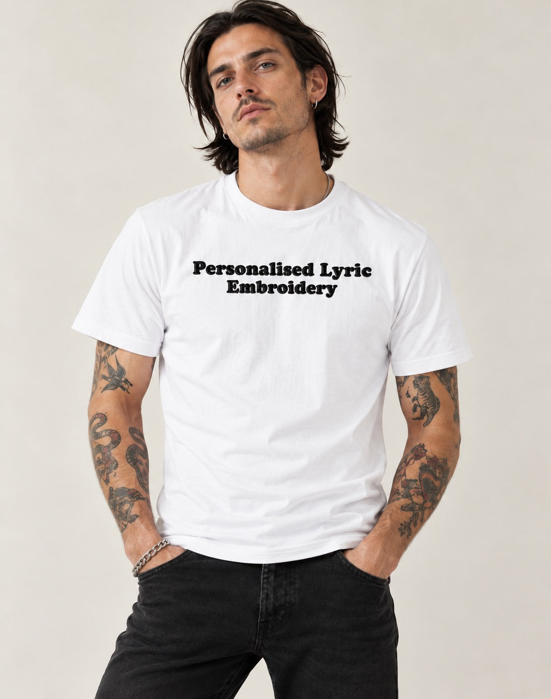 Personalised Lyric Centre Chest Embroidered premium organic iconic men's 'Rocker' t-shirt - choose your own lyrics, font and thread colour