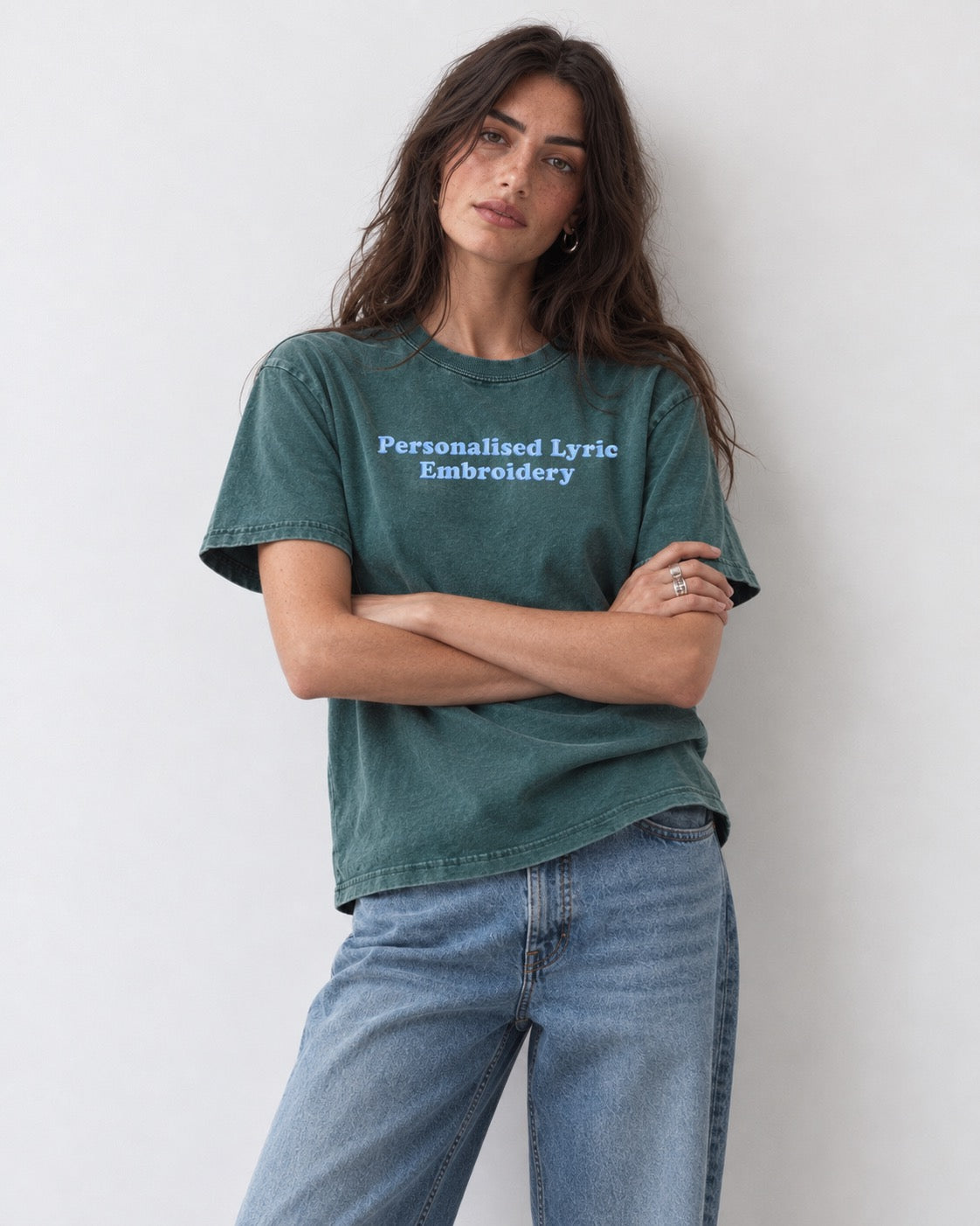 Women's Personalised Lyric Centre Chest Embroidered premium organic garment dyed 'Creator Vintage' t-shirt