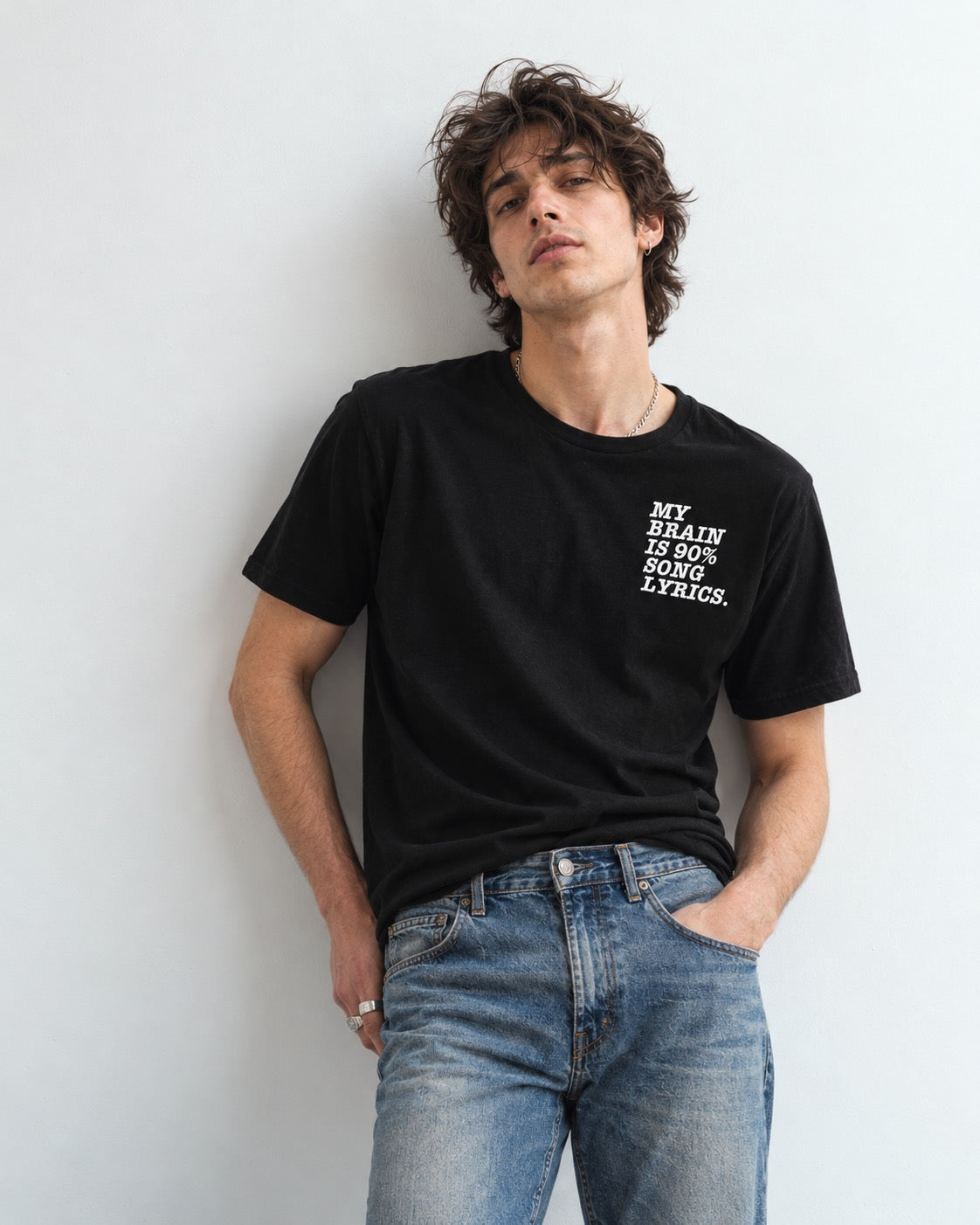 'MY BRAIN IS 90% SONG LYRICS' men's left chest embroidered premium organic classic crew neck 'Rocker' t-shirt