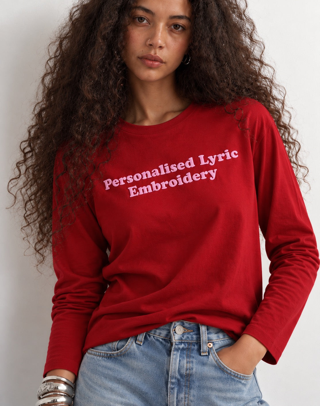 Women's Personalised Lyric Centre Chest Embroidered premium organic iconic Long Sleeve 'Creator 2.0' t-shirt - choose your own lyrics, font and thread colour