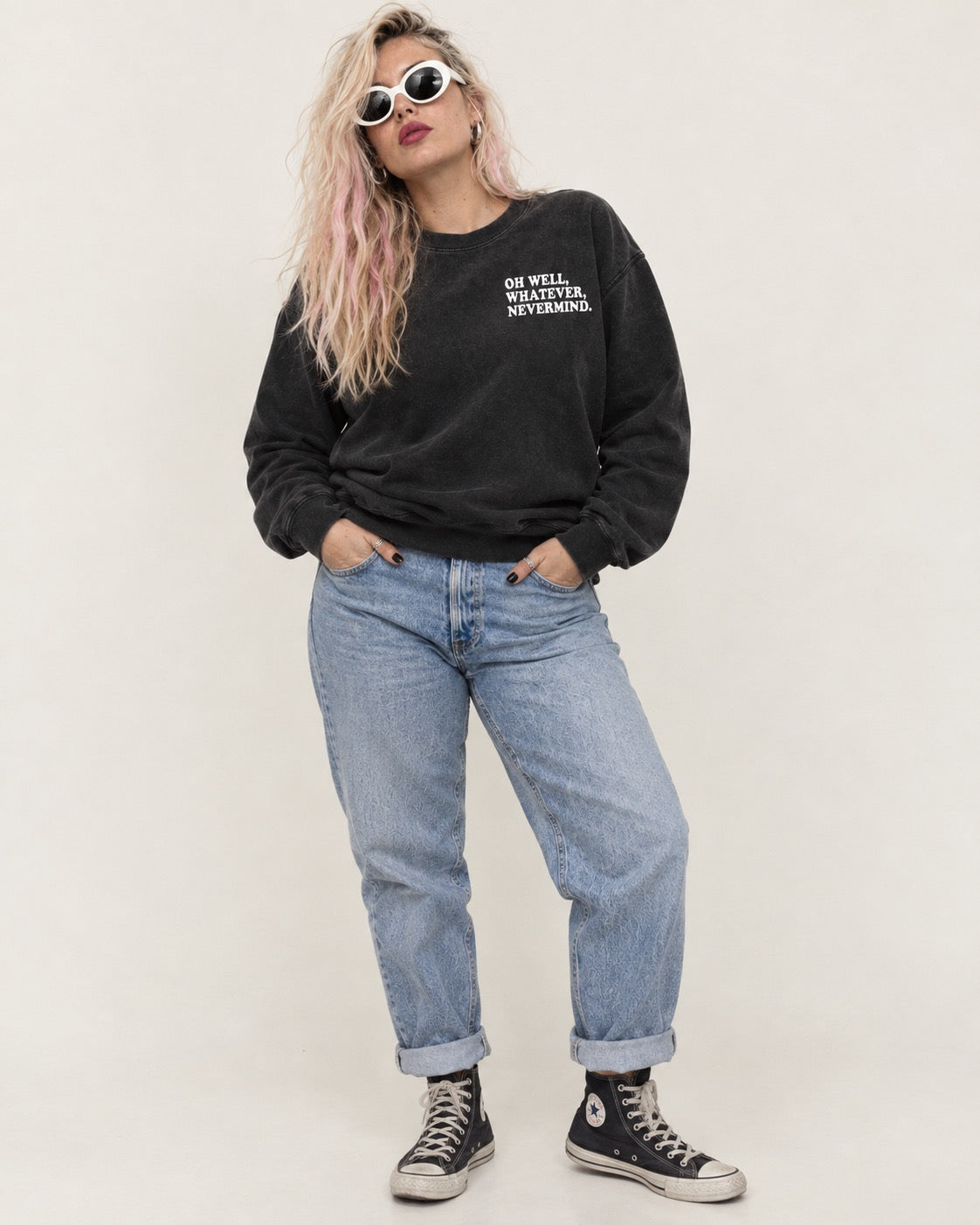 Unisex 'OH WELL, WHATEVER, NEVERMIND.' left chest embroidered premium organic cotton Vintage Garment Dyed 'Matcher' sweatshirt