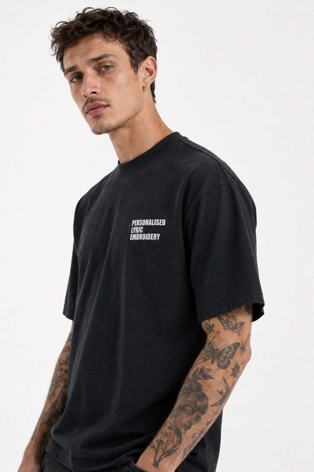 Personalised Lyric Left Chest Embroidered premium organic iconic men's 'Rocker' t-shirt - choose your own lyrics, font and thread colour