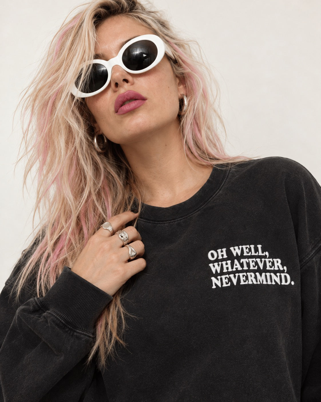 Unisex 'OH WELL, WHATEVER, NEVERMIND.' left chest embroidered premium organic cotton Vintage Garment Dyed 'Matcher' sweatshirt