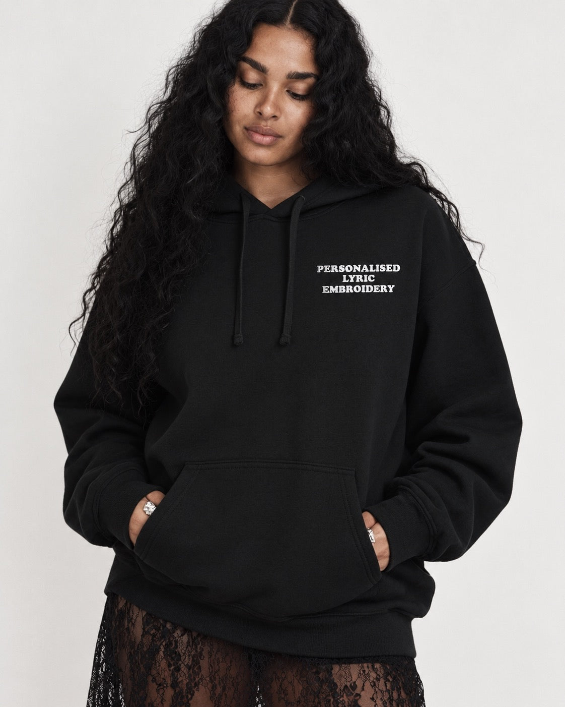 Women's Personalised Lyric Left Chest Embroidered premium organic unisex iconic 'Drummer' hoodie