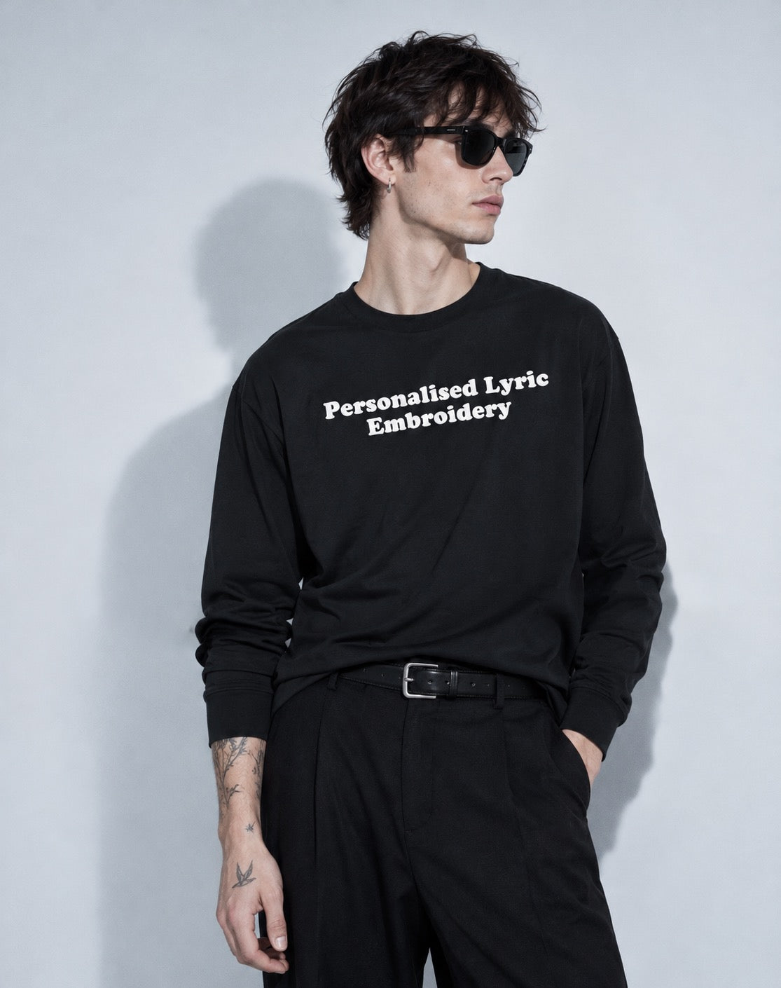 Men's Personalised Lyric Centre Chest Embroidered premium organic iconic Long Sleeve 'Creator 2.0' t-shirt - choose your own lyrics, font and thread colour