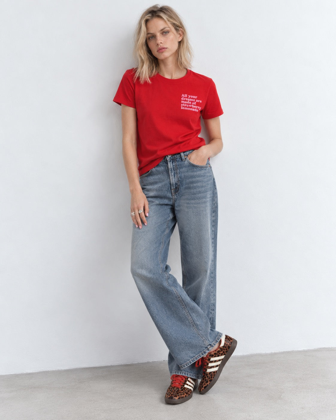'ALL YOUR DREAMS ARE MADE OF STRAWBERRY LEMONADE' left chest embroidered premium organic iconic mid-light women's 'serena' t-shirt - inspired by Oasis