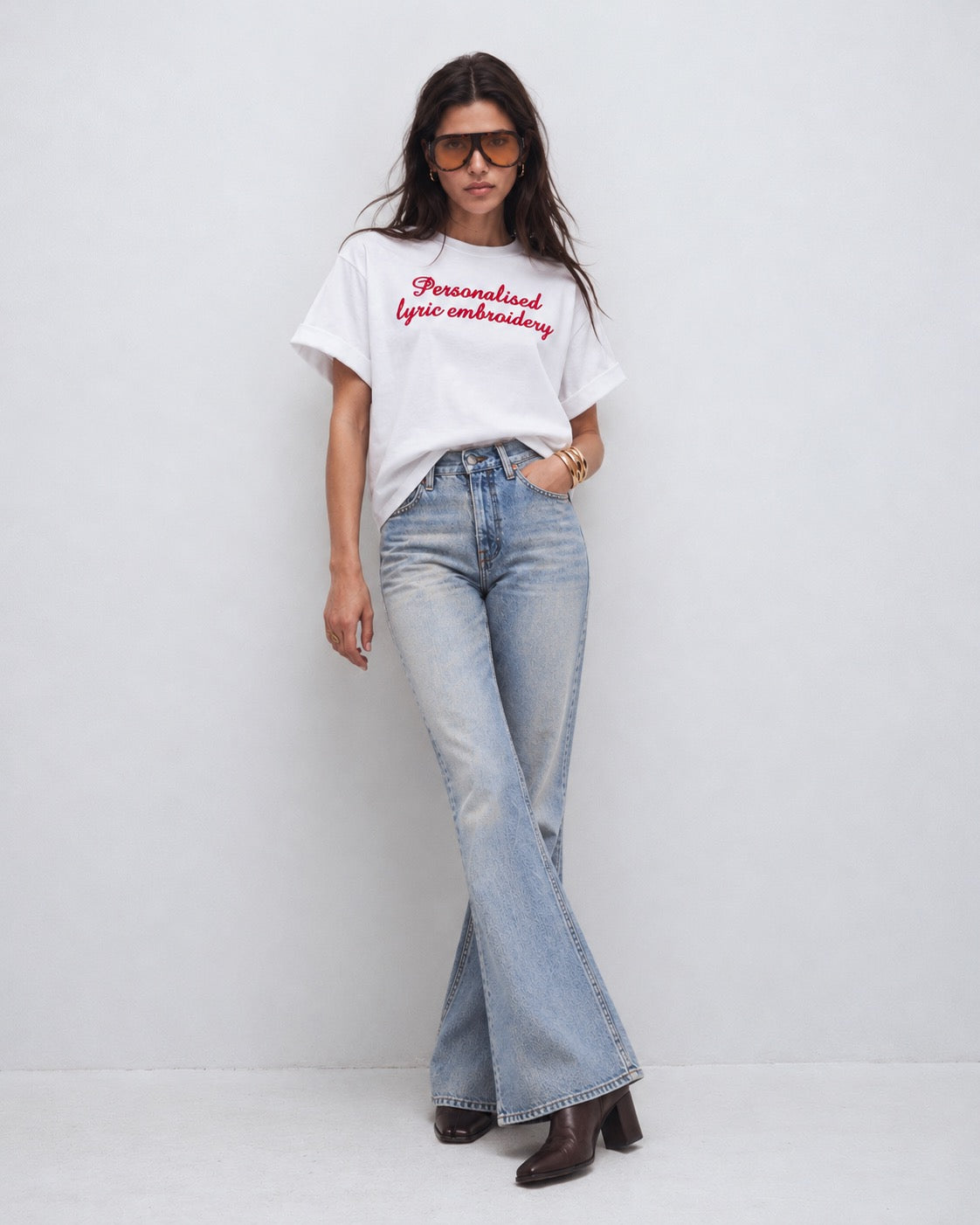 Personalised Lyric Centre Chest Embroidered premium organic iconic women's 90s style dolman sleeve 'Collider' t-shirt - choose your own lyrics, font and thread colour